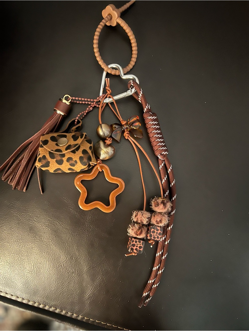 Brown Leather & Leopard Accent Keychain Bag  Charm